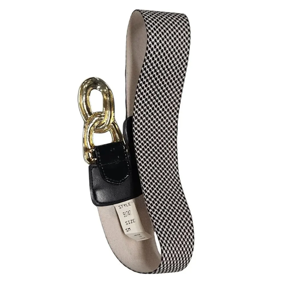 1980s Houndstooth Elastic High Waisted Belt Gold Chunky Buckle Patent Leather Sm